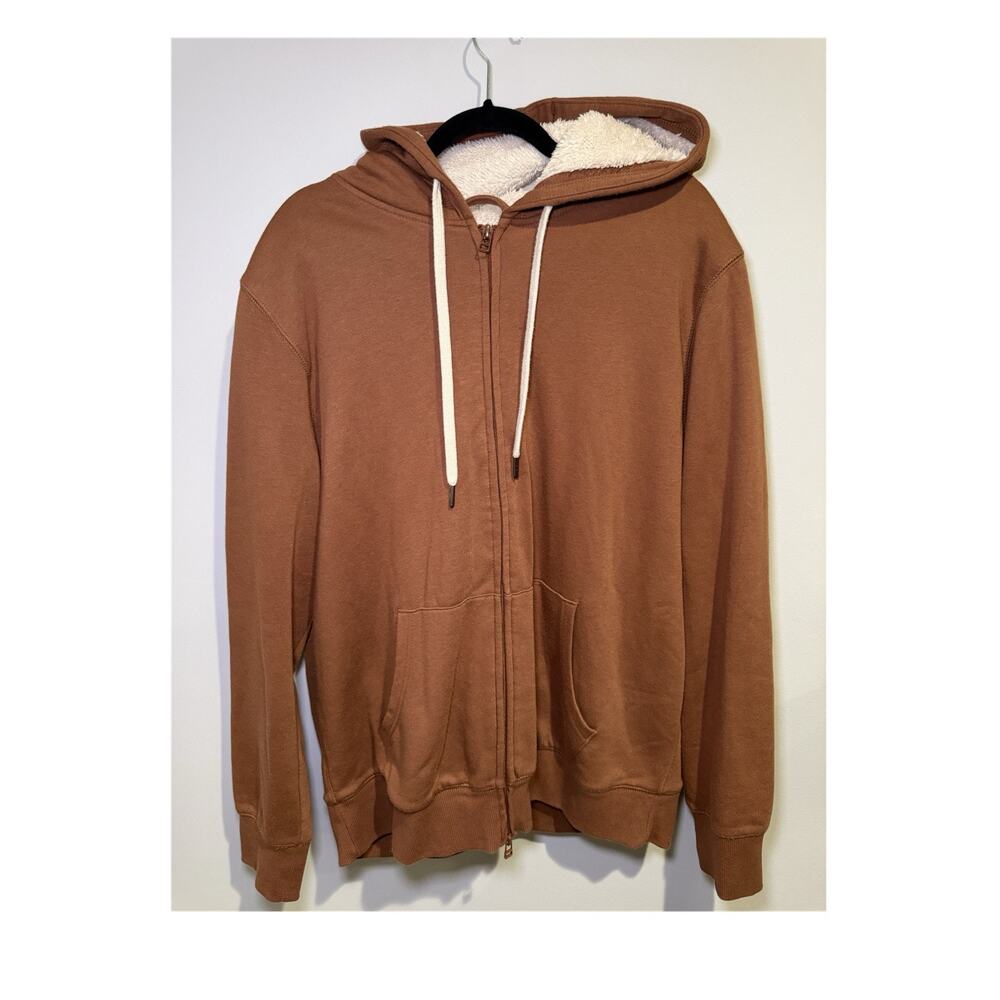 Goodfellow & Co Men's Sherpa Lined Fleece Full Zip Hoodie Brown XL Pockets